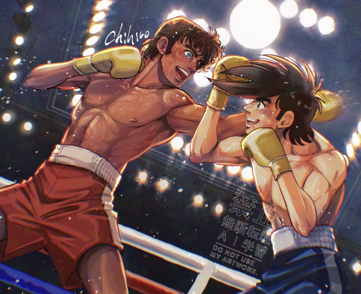 1970s_(style), 2boys, abs, artist_name, ashita_no_joe, biceps, black_hair, blue_eyes