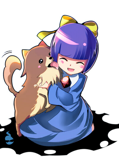 1girl, artist_request, brooch, capcom, closed_eyes, dog, dress, ghost_trick, hime_cut, jewelry, kamilla_(ghost_trick), kanon_(ghost_trick), licking, missile_(ghost_trick), open_mouth, purple_hair, ribbon, shiba_inu, short_hair, simple_background, sissel, sitting, skirt, smile, solo, spirit, sunglasses, unichiri