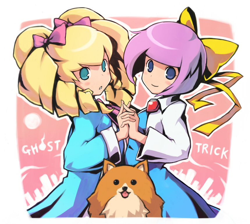 2girls, :o, amelie_(ghost_trick), aqua_eyes, blonde_hair, blue_eyes, brooch, capcom