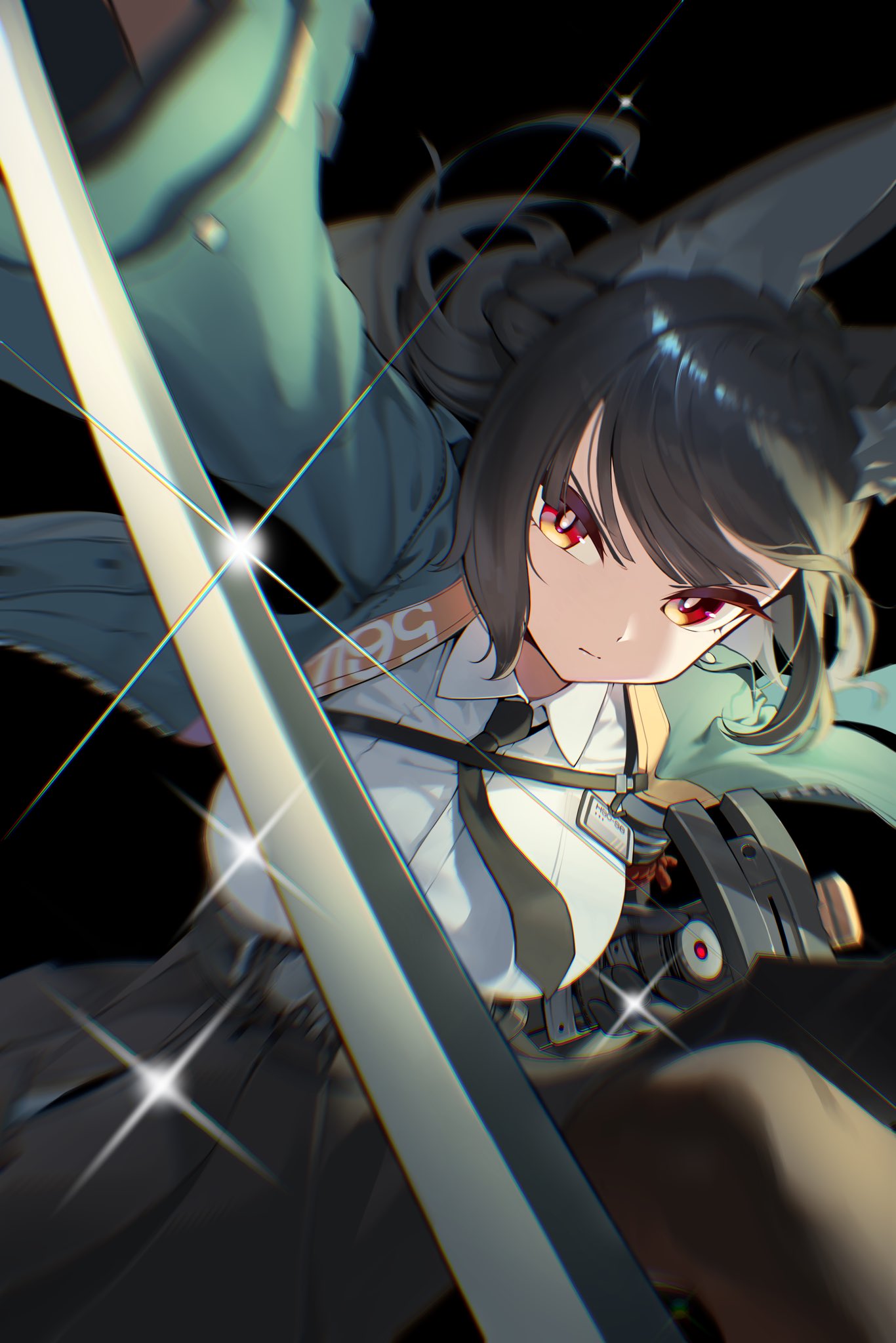 animal_ears, belt, black_background, black_hair, black_pantyhose, breasts, dogee_(ch_dh0408), fox_ears