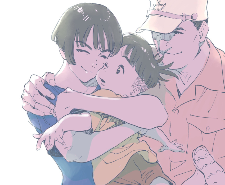1girl, ahn_dongshik, anchor_hat_ornament, blue_shirt, bob_cut, breast_pocket, brown_hair, brown_shorts, closed_eyes, closed_mouth, dress_shirt, father_and_son, field_cap, fingernails, foot_out_of_frame, gake_no_ue_no_ponyo, hand_on_another's_shoulder, hat_ornament, highres, hug, husband_and_wife, kouichi_(ponyo), light_smile, lisa_(ponyo), mature_female, mother_and_son, one_eye_closed, open_mouth, orange_shirt, outstretched_arms, pink_shirt, pocket, sandals, shirt, short_hair, short_sleeves, shorts, simple_background, sousuke_(ponyo), spread_arms, undercut, upper_body, white_background