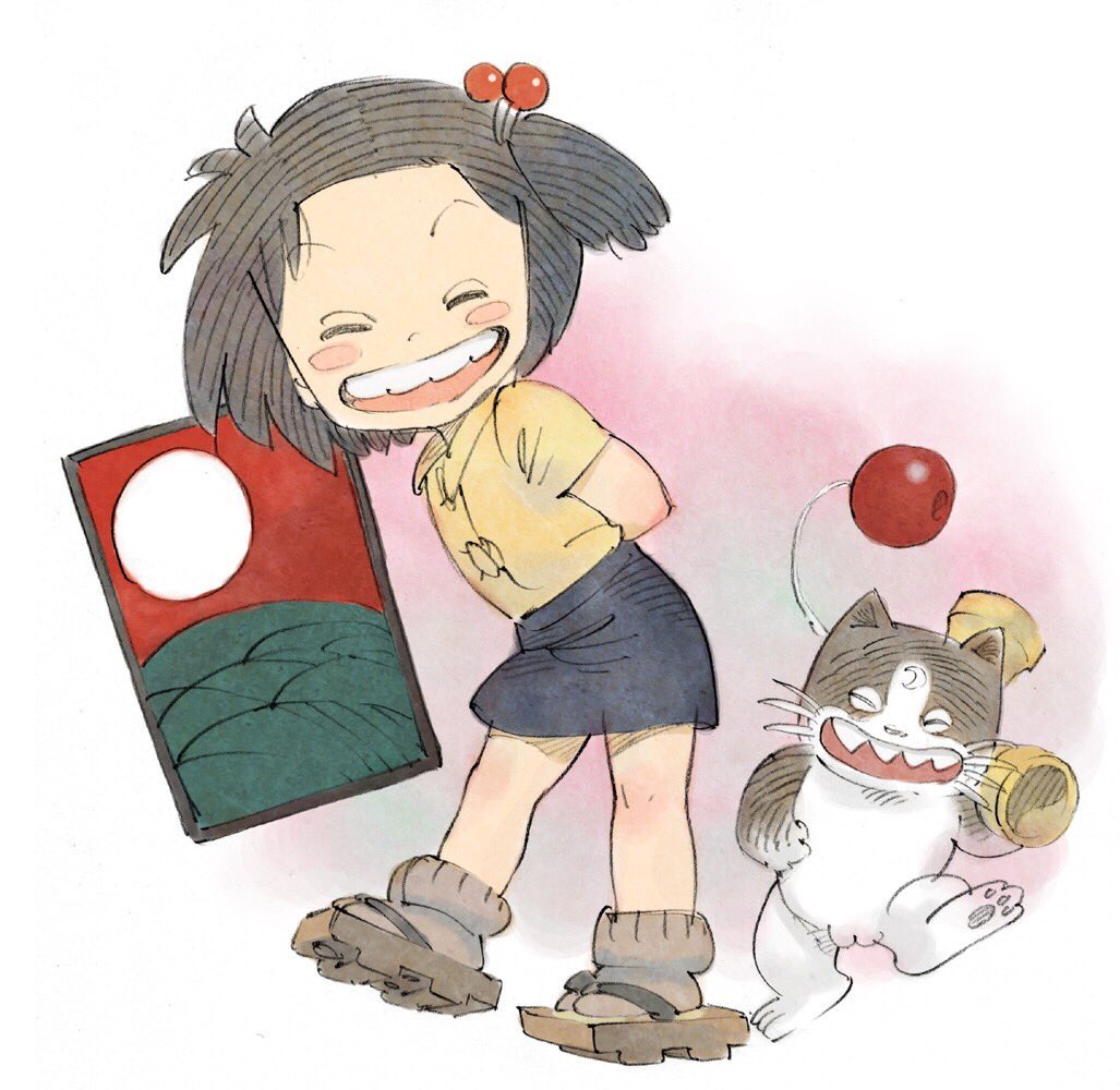 1girl, 1other, ahn_dongshik, arms_behind_back, august, black_hair, black_skirt, blush_stickers