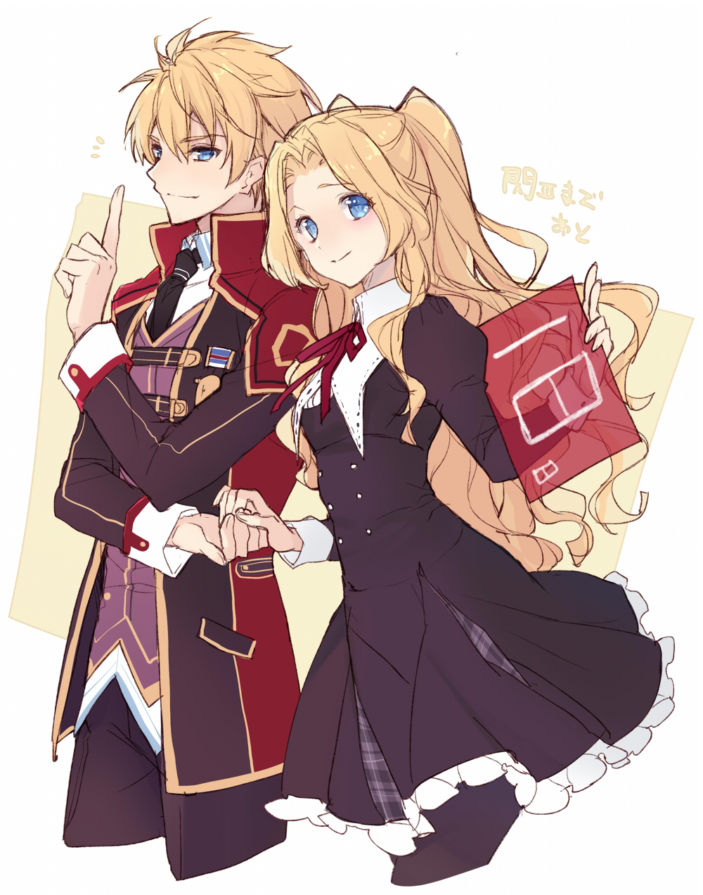 1boy, 1girl, achan_(blue_semi), alfin_reise_arnor, black_dress, black_necktie, blonde_hair, blue_eyes, cedric_reise_arnor, collar, dress, eiyuu_densetsu, frilled_dress, frills, highres, holding_hands, long_hair, neck_ribbon, necktie, parted_bangs, ribbon, school_uniform, sen_no_kiseki_(series), sen_no_kiseki_iii, short_hair, siblings, simple_background, thors_military_academy_class_vii_uniform, twintails, white_collar