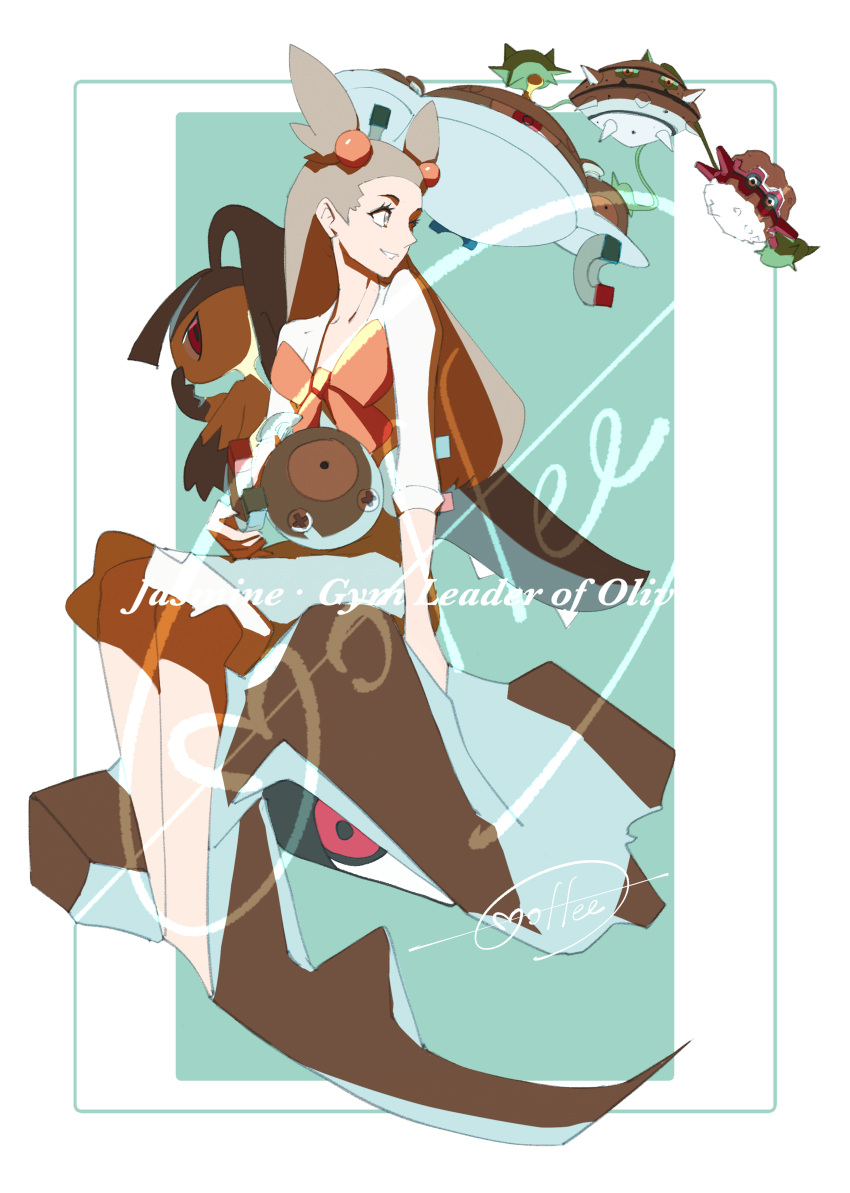 1girl, absurdres, arm_support, bad_id, bad_pixiv_id, border, cccacademia, character_name, commentary_request, eyelashes, ferrothorn, forretress, green_background, grin, highres, jasmine_(pokemon), long_hair, looking_back, magnemite, magnezone, mawile, pokemon, pokemon_(creature), pokemon_hgss, riding, riding_pokemon, signature, sitting, smile, steelix, teeth, two_side_up, white_border