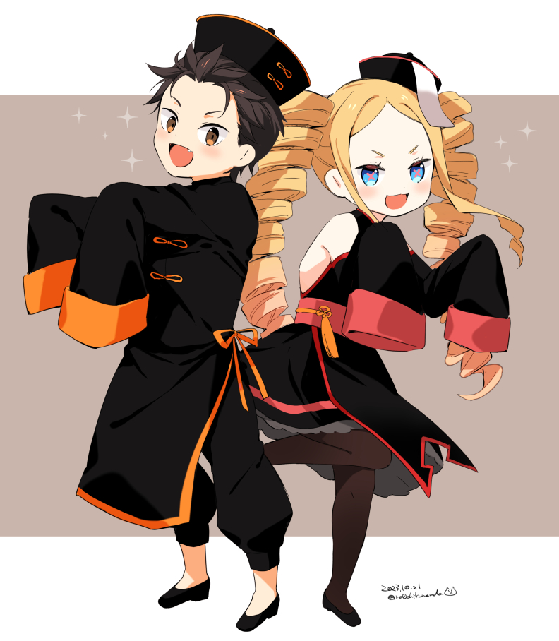 1boy, 1girl, :d, aged_down, beatrice_(re:zero), black_footwear, black_hair, black_pantyhose