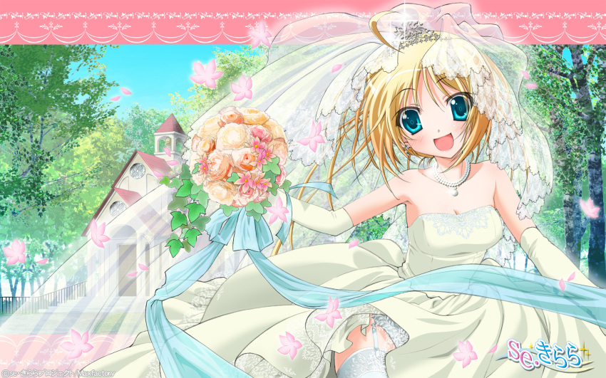 blonde_hair, blue_eyes, bouquet, character_request, church, cleavage, dress, flower