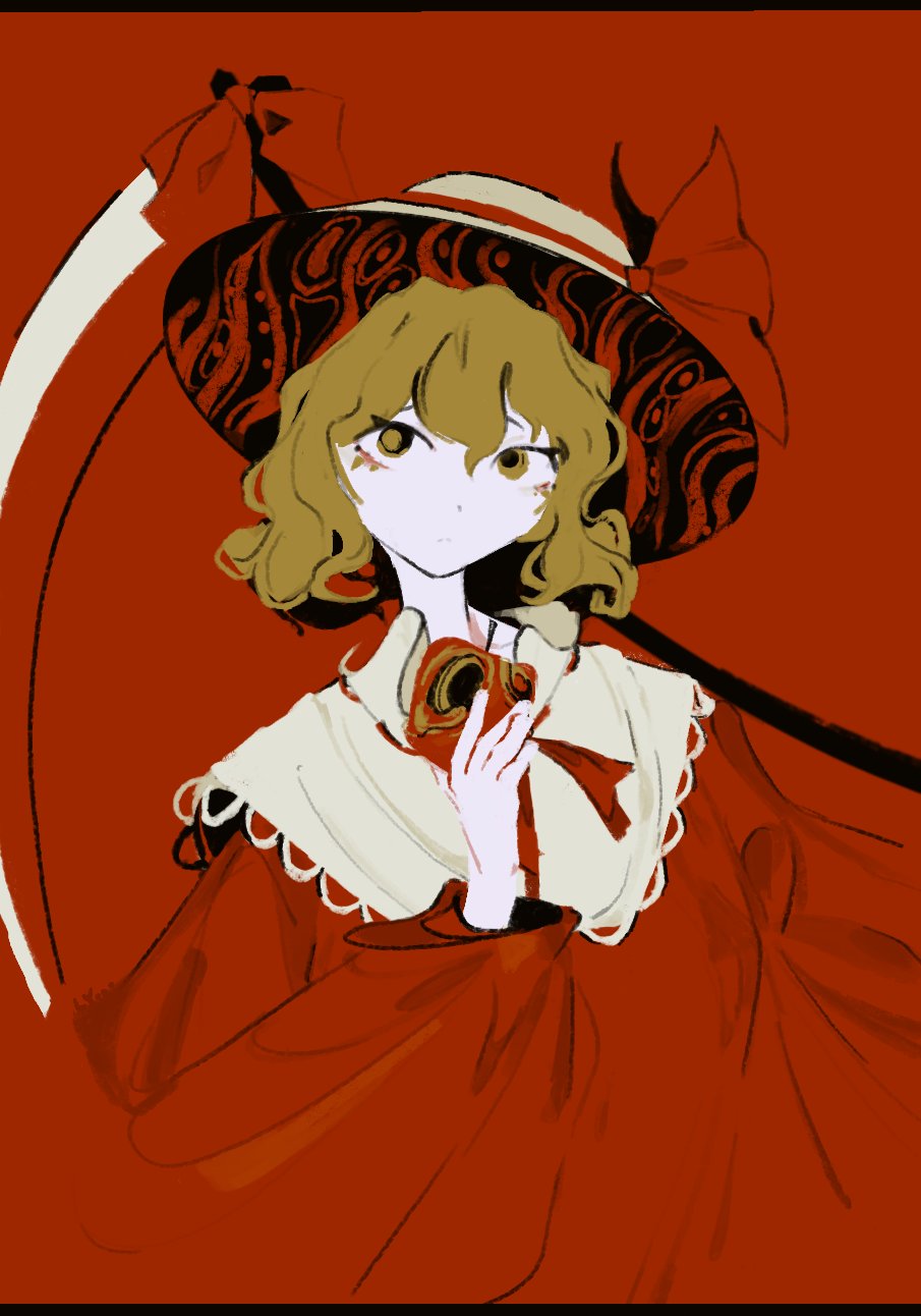 1girl, blending, closed_mouth, dress, elly_(touhou), grey_hair, hand_up, hat, hat_ribbon, heterochromia, highres, holding, holding_scythe, llamas_yes, long_sleeves, red_background, red_dress, red_eyes, red_ribbon, ribbon, scythe, short_hair, simple_background, solo, sun_hat, touhou, wavy_hair