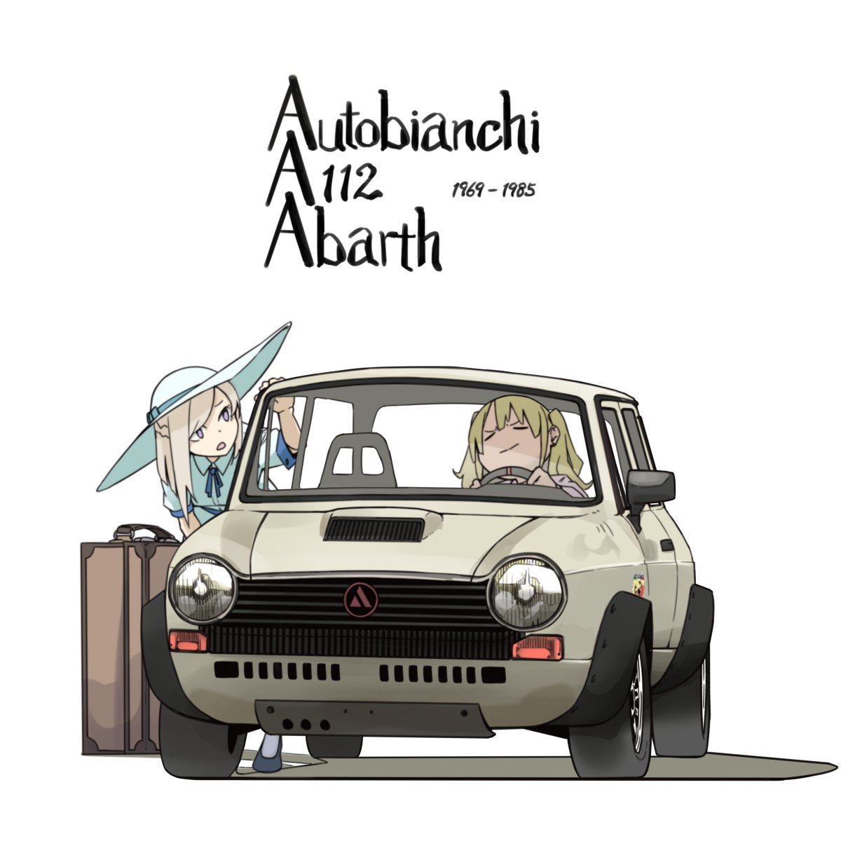 2girls, akiba-june, autobianchi, autobianchi_a112_abarth, blonde_hair, blue_ribbon, car, closed_eyes