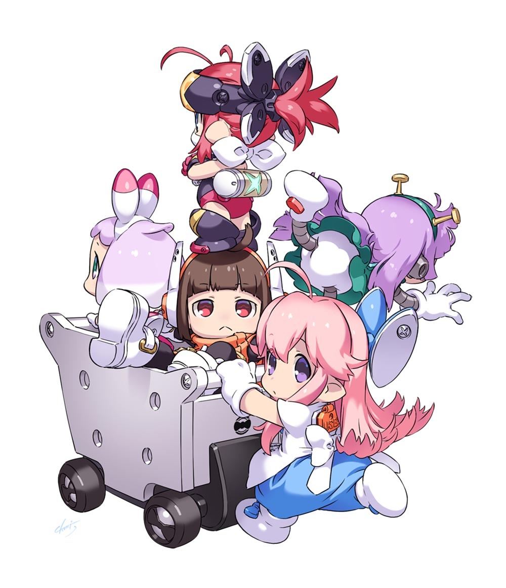 5girls, :<, ahoge, animal_ear_hairband, animal_ears, antenna_hair, apron, arched_bangs