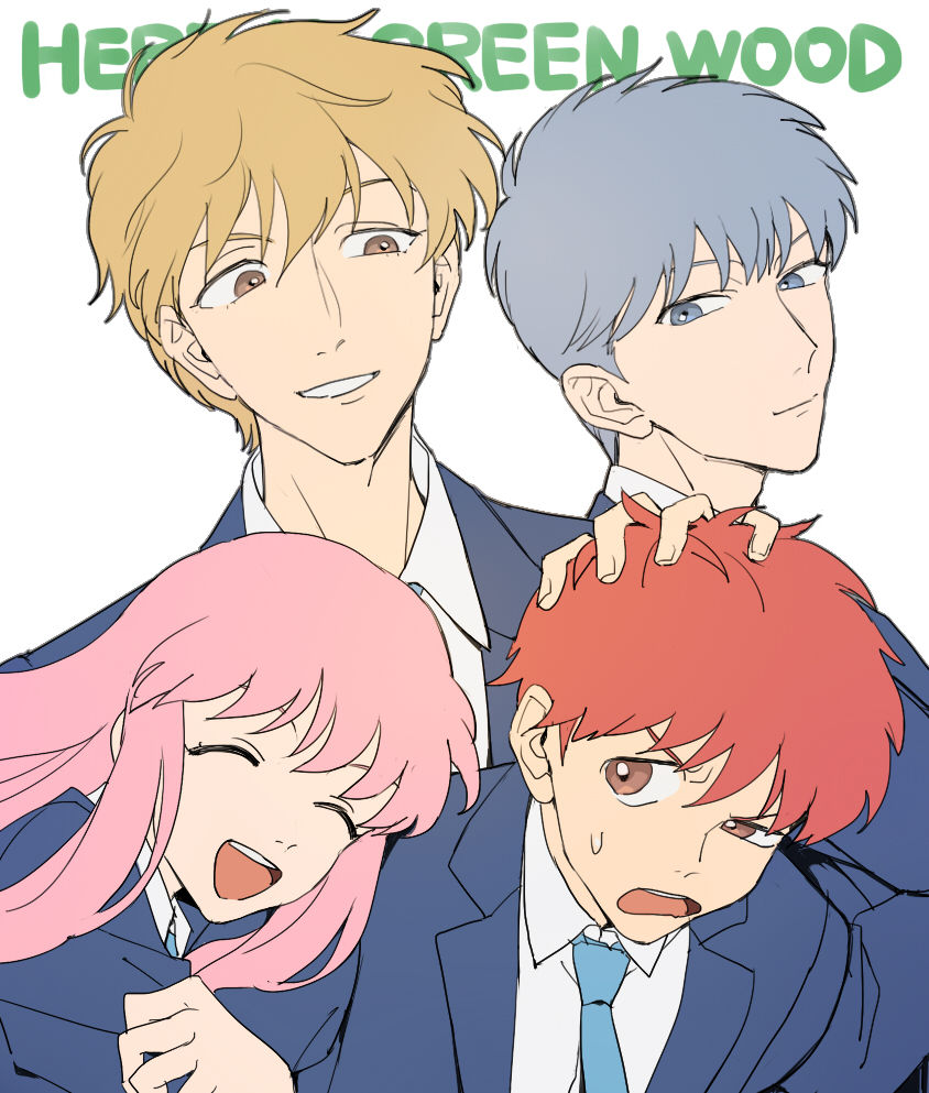 4boys, androgynous, aqua_necktie, arm_hug, azkn, blonde_hair, blue_jacket, brown_eyes, closed_eyes, closed_mouth, collared_shirt, copyright_name, grey_eyes, grey_hair, group_picture, hasukawa_kazuya, ikeda_mitsuru, jacket, kisaragi_shun, koko_wa_greenwood, long_hair, looking_at_another, male_focus, multiple_boys, necktie, open_mouth, otoko_no_ko, parted_lips, pink_hair, red_hair, school_uniform, shirt, short_hair, simple_background, sweatdrop, tezuka_shinobu, white_background, white_shirt
