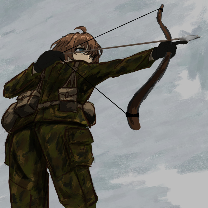 1girl, absurdres, ahoge, ala_koli, arrow_(projectile), black_gloves, blue_eyes, bow_(weapon), brown_pants, brown_shirt, camouflage, camouflage_jacket, camouflage_pants, chest_rig, clouds, cloudy_sky, drawing_bow, gloves, highres, holding, holding_bow_(weapon), holding_weapon, jacket, long_sleeves, original, outdoors, pants, shirt, sky, solo, standing, weapon