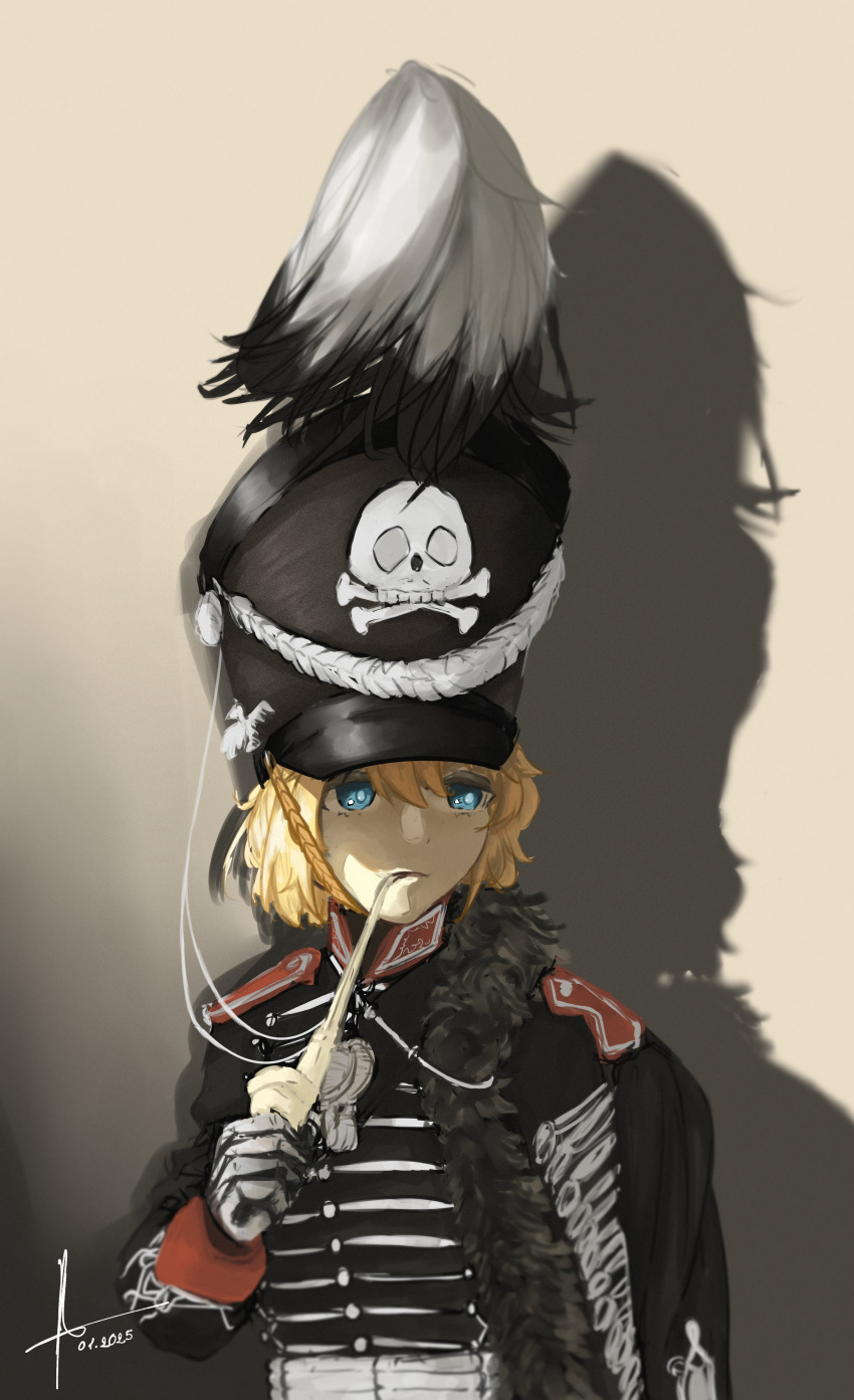 1girl, absurdres, ala_koli, black_cape, black_hat, black_shirt, blonde_hair, blue_eyes