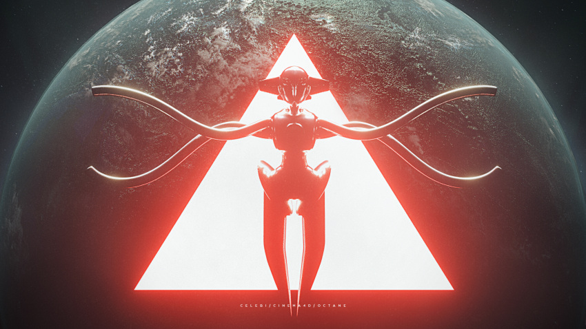 3d, artist_name, celebi350300687, cinema_4d_(medium), commentary, deoxys, deoxys_(normal), full_body, glowing, highres, no_humans, outstretched_arms, planet, pokemon, pokemon_(creature), solo, space, spread_arms, star_(sky), tentacles, triangle