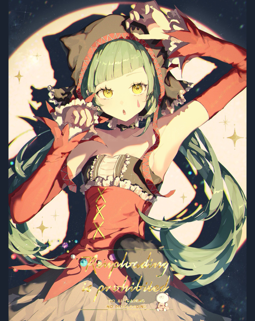 1girl, absurdres, arm_warmers, armpits, breasts, cat_food_(vocaloid), dress, green_hair