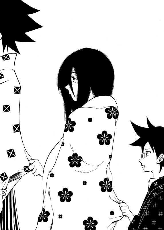 black_hair, blanket, child, glasses, hakama, height_difference, itoshiki_majiru, itoshiki_nozomu