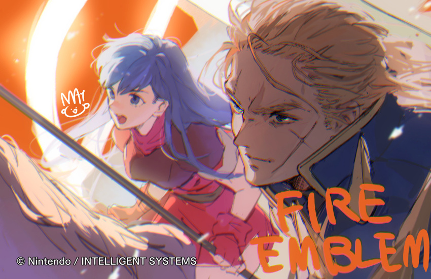 1boy, 1girl, blonde_hair, blue_eyes, blue_hair, caeda_(fire_emblem), commentary_request, company_name