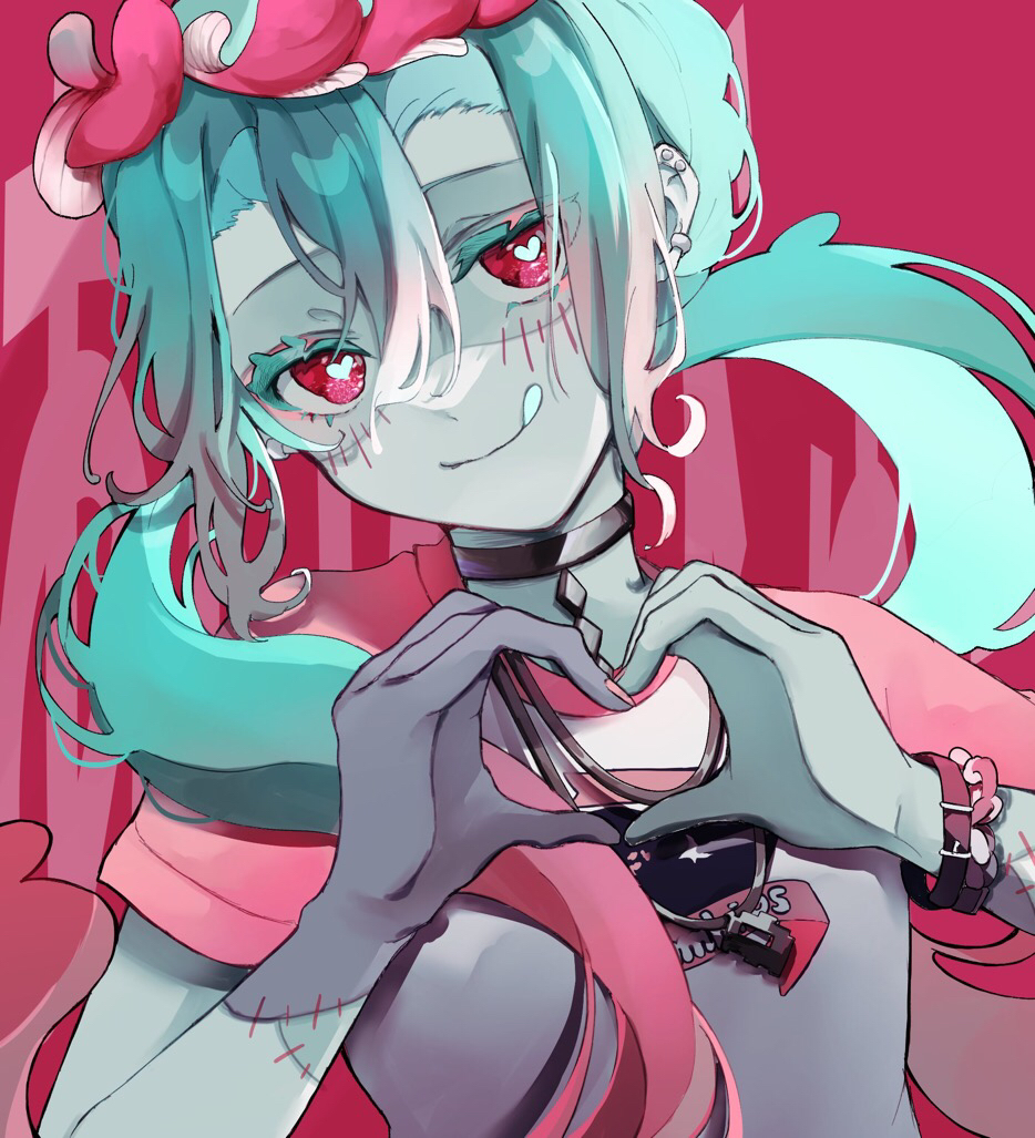 1girl, amanomiya_megu, colored_skin, hair_ornament, hatsune_miku, heart, heart-shaped_pupils, heart_hands, jewelry, long_hair, looking_at_viewer, multicolored_hair, open_mouth, pink_hair, red_eyes, shirt, short_sleeves, simple_background, smile, solo, stitched_face, stitches, symbol-shaped_pupils, twintails, vocaloid, zombie, zombie_(vocaloid)