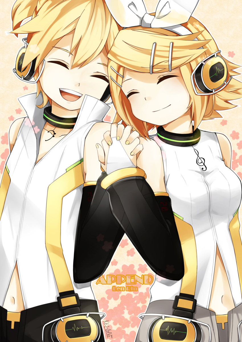 arm_warmers, atlas_kei, blonde_hair, brother_and_sister, closed_eyes, detached_sleeves, eyes_closed, hair_ornament