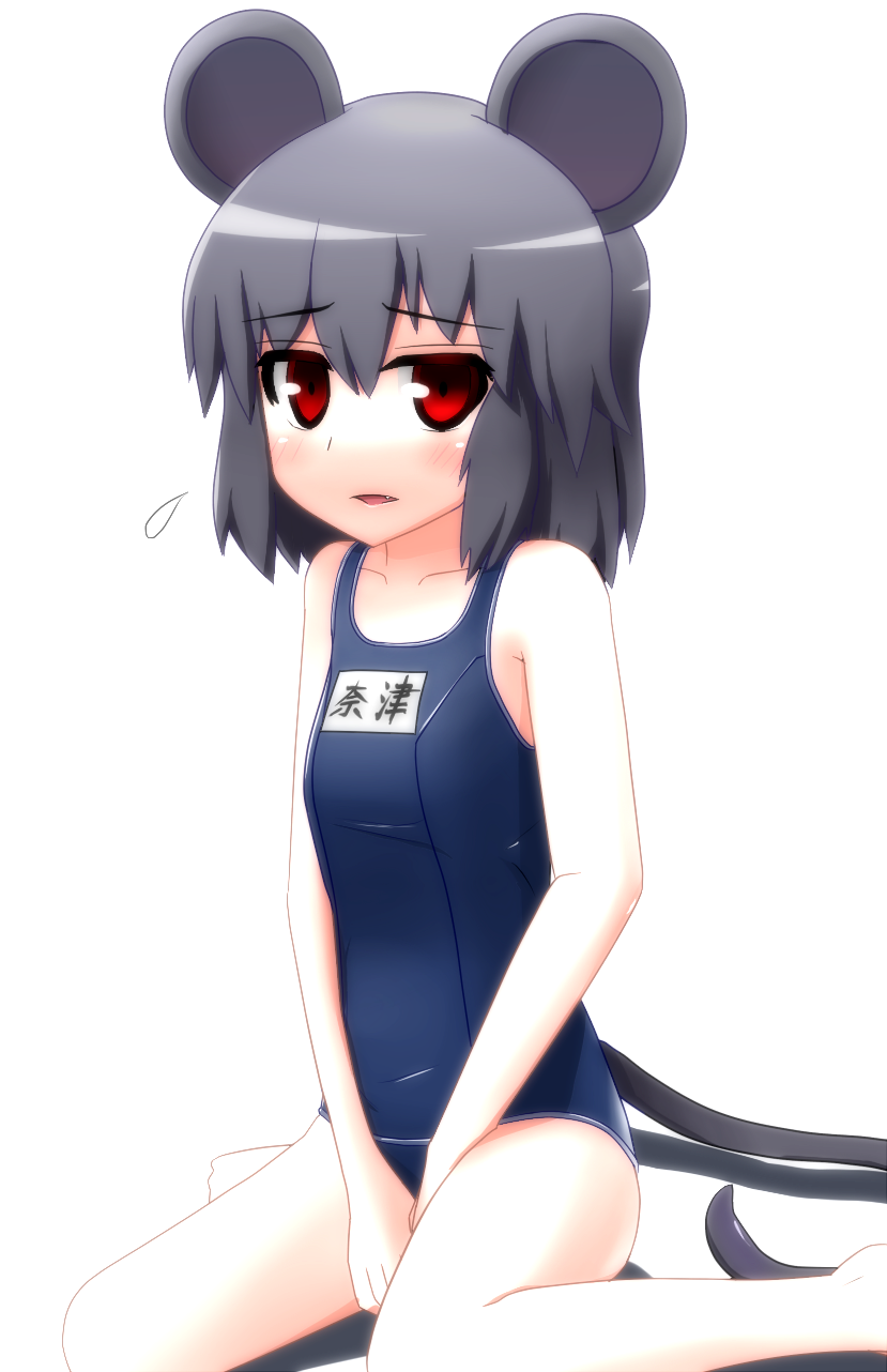 animal_ears, blush, grey_hair, highres, mouse_ears, mouse_tail, nazrin, one-piece_swimsuit