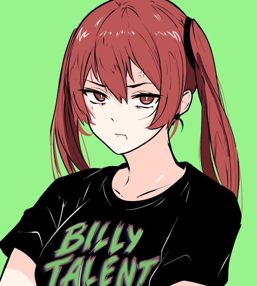 1girl, anger_vein, billy_talent_(band), black_shirt, bright_pupils, collarbone, commentary, english_commentary