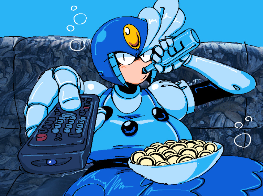 1girl, blue_background, blue_helmet, bottle, breasts, controller, couch, helmet, highres, holding, holding_bottle, holding_remote_control, large_breasts, mega_man_(classic), mega_man_(series), mermaid, monster_girl, photo-referenced, remote_control, robot_girl, sitting, solo, splash_woman, submarinechamomile