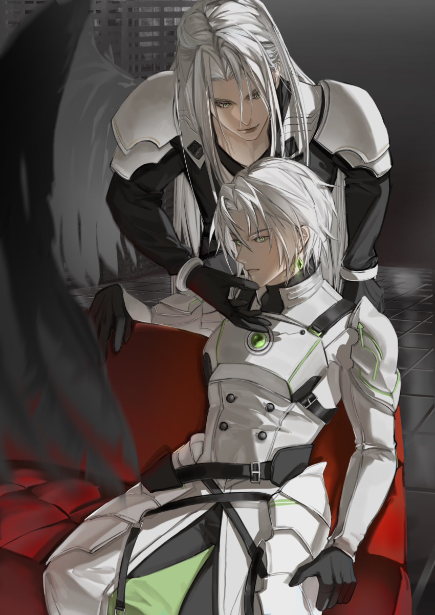 2boys, armor, belt, black_belt, black_coat, black_footwear, black_gloves, black_pants