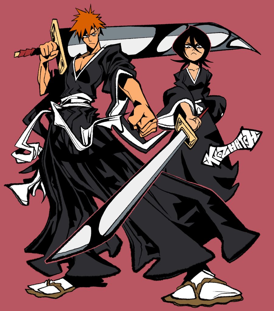 1boy, 1girl, artist_name, black_hair, black_hakama, black_kimono, bleach, closed_mouth