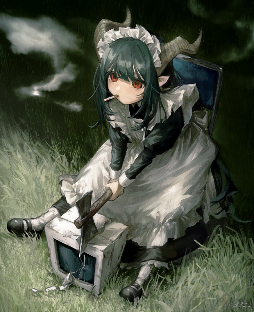 1girl, apron, axe, black_hair, broken, broken_glass, chair, cigarette
