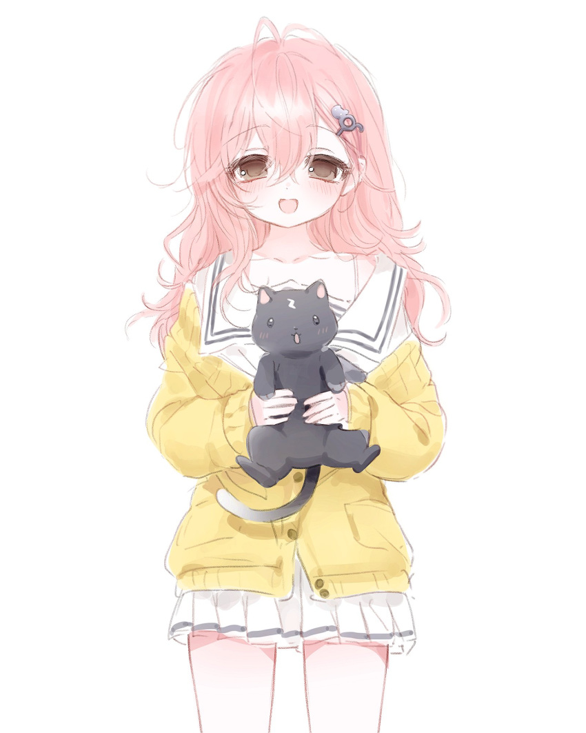 1girl, animal, black_bow, black_bowtie, black_cat, bow, bowtie, brown_eyes