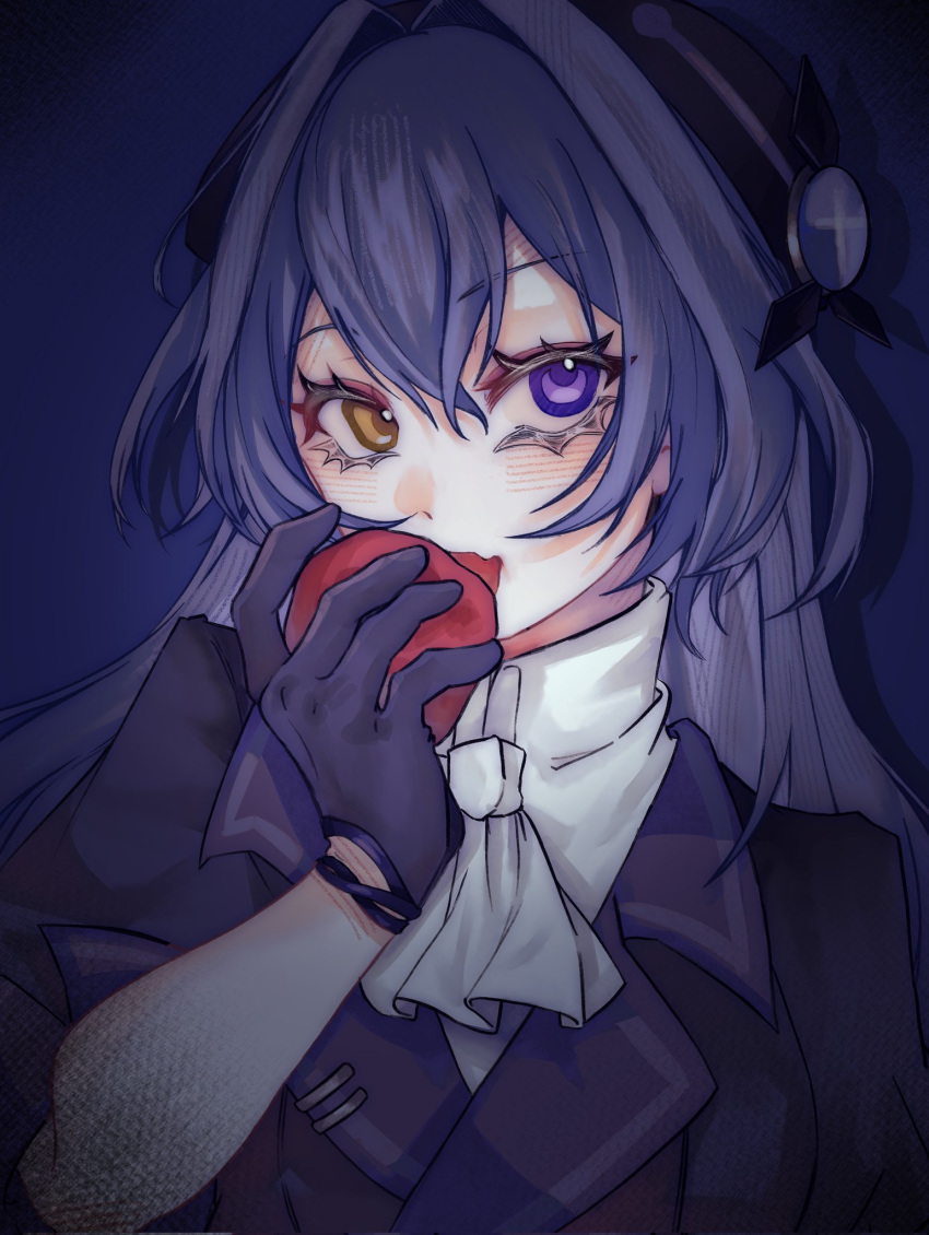 1girl, apple, arkria_hroptr, ascot, benghuai_xueyuan, black_gloves, black_jacket, blonde_hair
