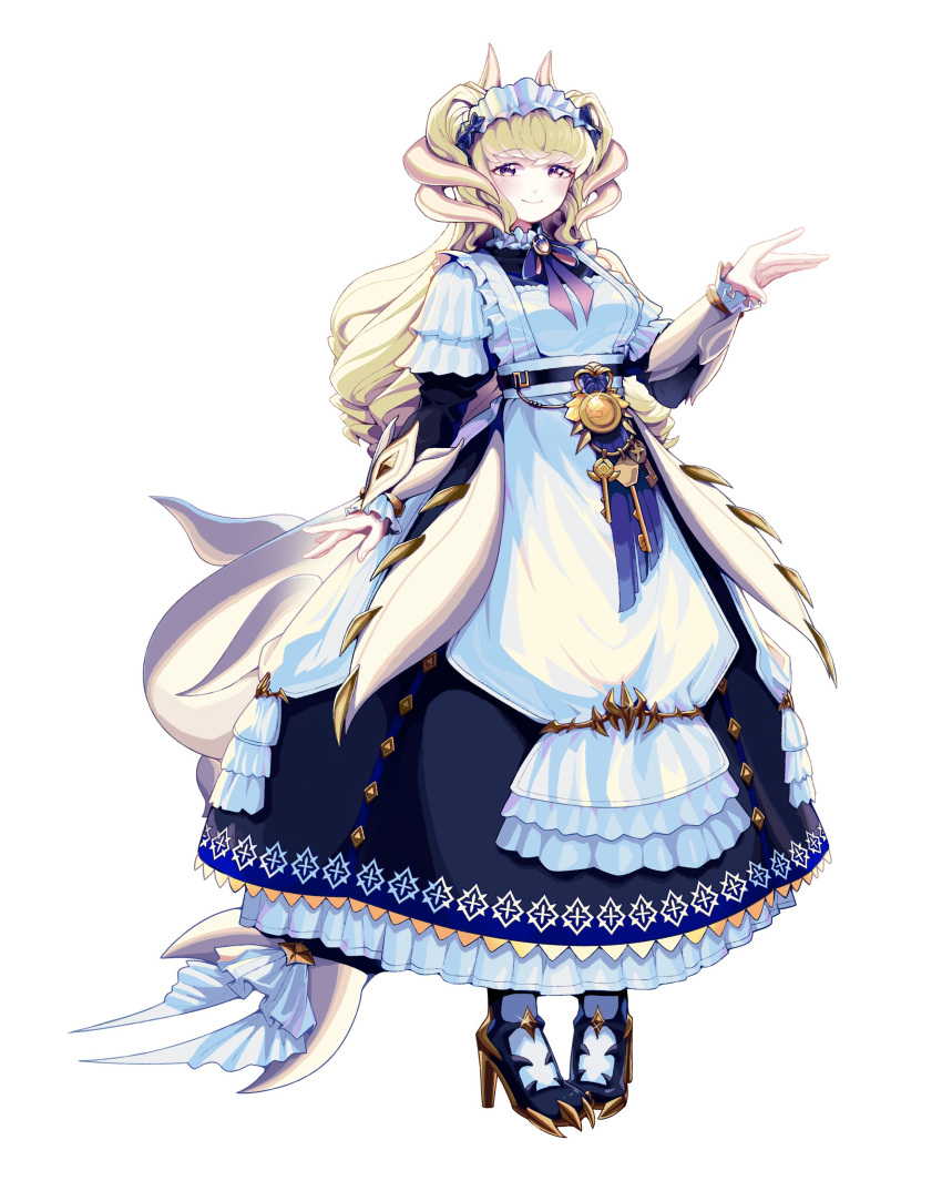 1girl, absurdres, black_dress, blonde_hair, dragon_girl, dragon_horns, dragon_tail, dragon_wings, dress, duel_monster, full_body, highres, horns, iroha_mato, lattice_dragonmaid, long_hair, low_wings, maid, maid_headdress, simple_background, solo, tail, white_background, wings, yu-gi-oh!
