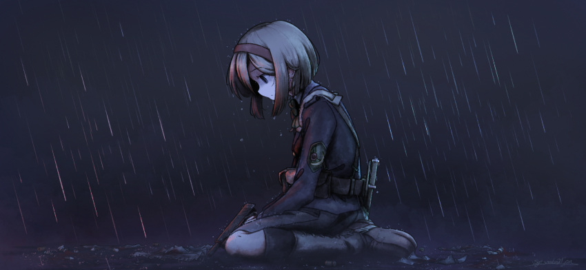1girl, artist_name, belt_pouch, black_jacket, black_skirt, black_socks, blue_eyes, bob_cut