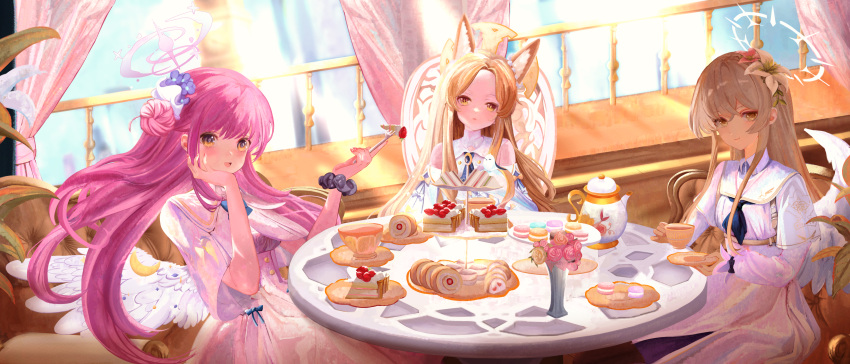 3girls, :d, absurdres, angel_wings, animal_ear_fluff, animal_ears, backlighting, bare_shoulders, blonde_hair, blue_archive, blue_bow, blue_bowtie, blue_neckerchief, blush, bouquet, bow, bowtie, brown_eyes, brown_hair, cake, cake_slice, capelet, closed_mouth, commentary, cowboy_shot, cross_halo, cup, curtains, day, dress, feathered_wings, floating_hair, flower, food, forehead, fork, fox_ears, fox_girl, hair_bun, halo, hand_on_own_cheek, hand_on_own_face, hands_up, highres, holding, holding_cup, holding_fork, holding_plate, indoors, long_hair, looking_at_viewer, low_wings, macaron, mika_(blue_archive), multiple_girls, nagisa_(blue_archive), neckerchief, on_chair, open_mouth, parted_bangs, parted_lips, pink_flower, pink_hair, pink_halo, pink_rose, plate, rose, saayartworks, school_uniform, seia_(blue_archive), sidelocks, single_side_bun, sitting, sleeveless, sleeveless_dress, smile, sunlight, sweets, swiss_roll, table, tea, tea_party_(blue_archive), teacup, teapot, very_long_hair, white_capelet, white_dress, white_wings, wings, yellow_eyes, yellow_halo