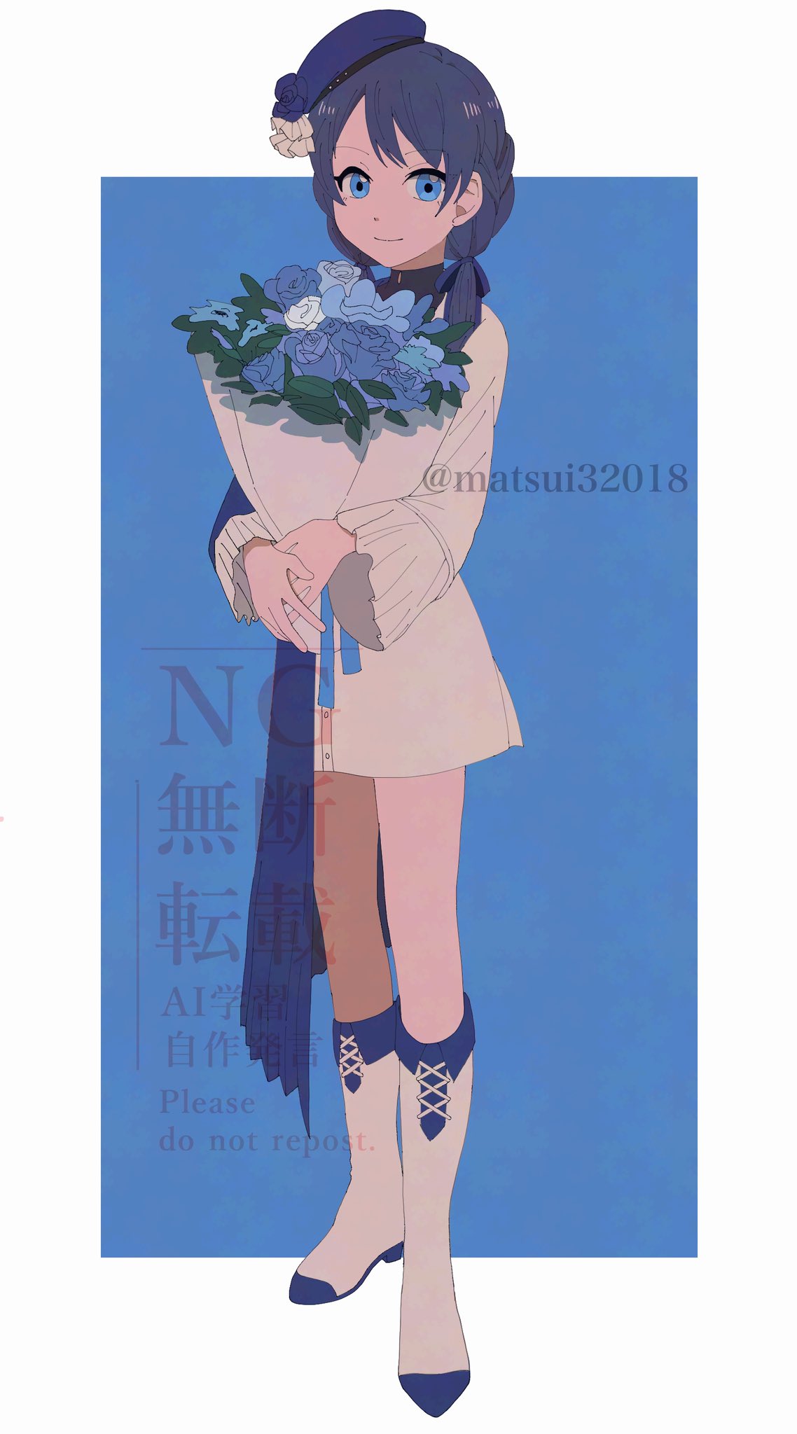1girl, ankle_boots, beret, blue_background, blue_coat, blue_eyes, blue_flower, blue_hair