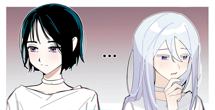 ..., 2girls, absurdres, alien_stage, black_hair, bob_cut, choker, closed_mouth, crossover, grey_hair, hair_between_eyes, hakukari, hand_on_own_chin, highres, long_hair, multiple_girls, open_mouth, portrait, project_sekai, purple_background, shirt, short_hair, small_sweatdrop, sua_(alien_stage), violet_eyes, white_choker, white_shirt, yoisaki_kanade