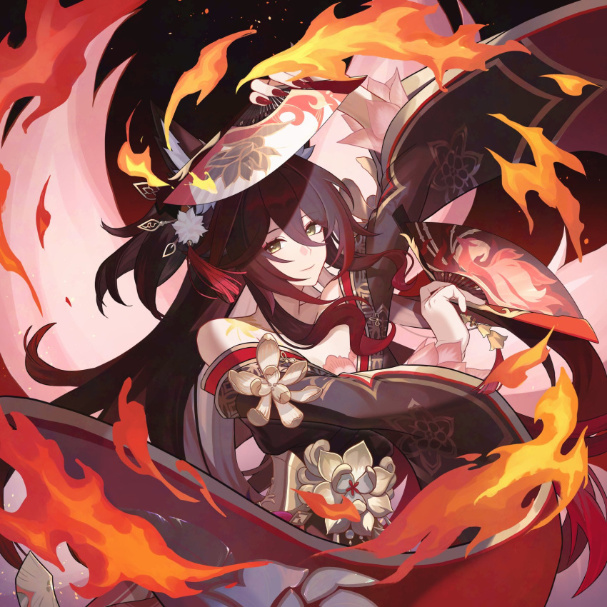 1girl, arm_up, bare_shoulders, chinese_commentary, closed_mouth, commentary, dual_wielding, fire, fugue_(honkai:_star_rail), green_eyes, hair_ornament, hand_fan, highres, holding, holding_fan, honkai:_star_rail, honkai_(series), long_hair, long_sleeves, looking_at_viewer, pom_pom_(clothes), pom_pom_hair_ornament, red_hair, ryokucha_(taiyaki_202305), smile, solo, tassel, tassel_hair_ornament, tingyun_(honkai:_star_rail)