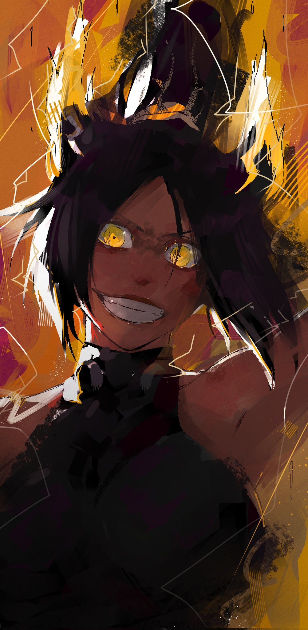 1girl, bleach, colorized, commentary, hair_tie, halterneck, high_ponytail, highres, kubo_tite, looking_at_viewer, orange_background, shihouin_yoruichi, sidelocks, smile, solo, upper_body, vicfaust, yellow_background, yellow_eyes