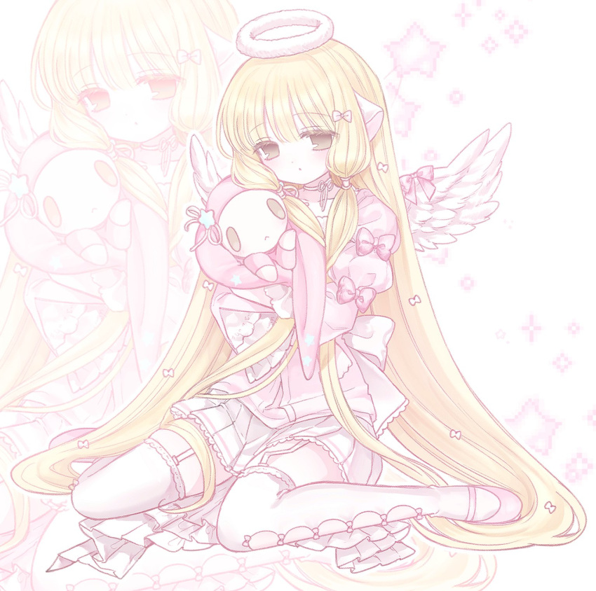 1girl, angel_wings, atashi_(chobits), blonde_hair, blunt_bangs, bow, bow_on_wing, chii