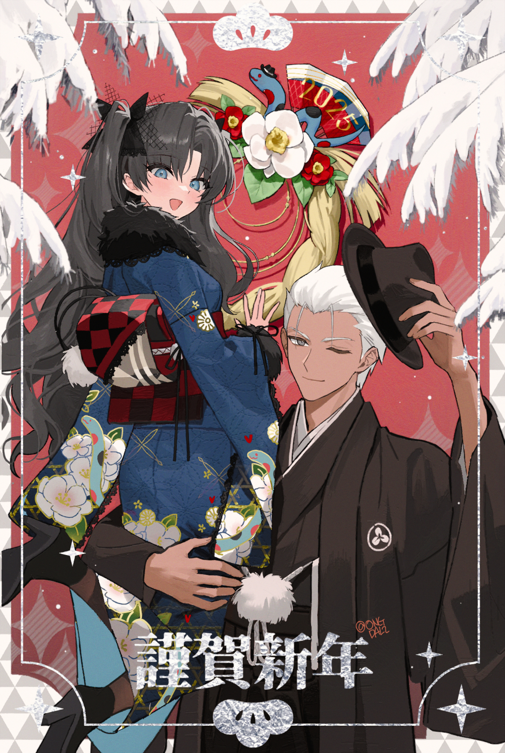 1boy, 1girl, 2025, archer_(fate), black_hair, blue_eyes, blue_kimono, carrying_over_shoulder