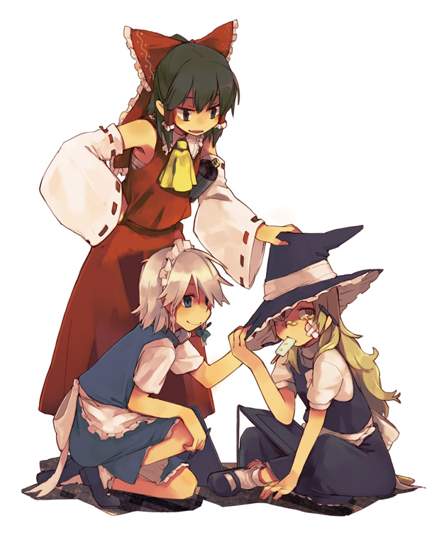 beat_up, black_eyes, black_hair, blonde_hair, blue_eyes, blush, bow, braid