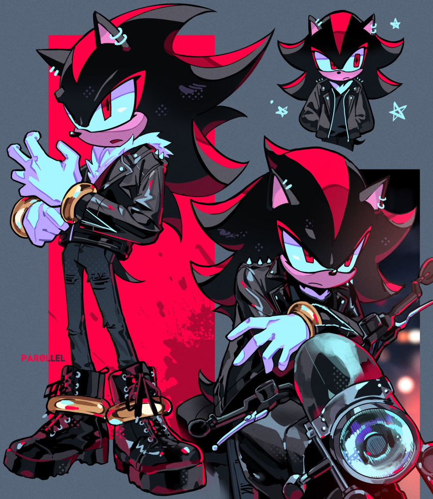 1boy, adjusting_clothes, alternate_costume, armlet, biker_clothes, bracelet, earrings, fur_trim