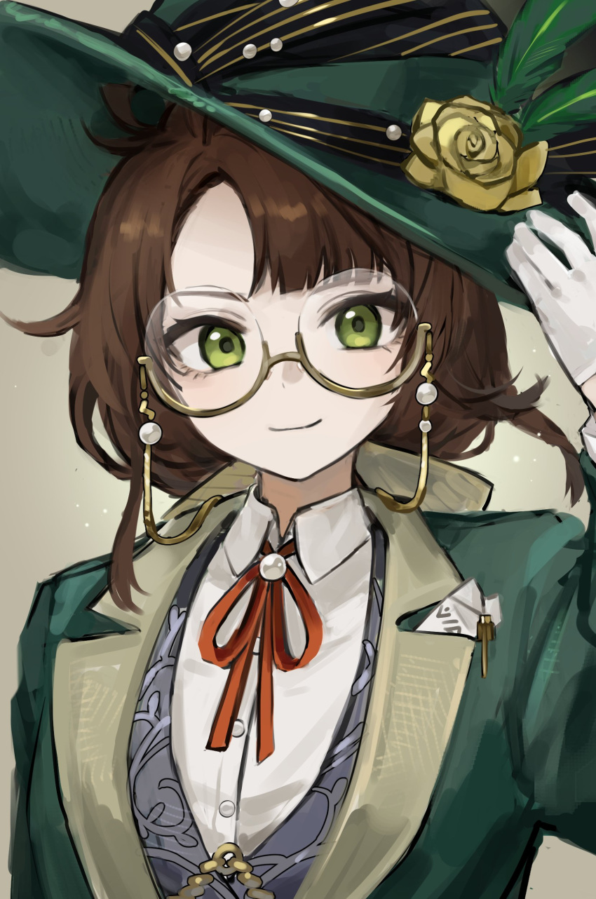 1girl, absurdres, adjusting_clothes, adjusting_headwear, bow, brown_hair, closed_mouth, collared_shirt, eyewear_strap, feathers, flower, glasses, gloves, green_eyes, green_feathers, green_hat, green_jacket, grey_background, hair_bow, hand_on_headwear, hand_up, hat, hat_feather, hat_flower, highres, jacket, kakania_(reverse:1999), long_hair, looking_at_viewer, neck_ribbon, oreugol, picture_hat, red_ribbon, reverse:1999, ribbon, semi-rimless_eyewear, shirt, smile, solo, under-rim_eyewear, upper_body, white_gloves, white_shirt, yellow_bow, yellow_flower