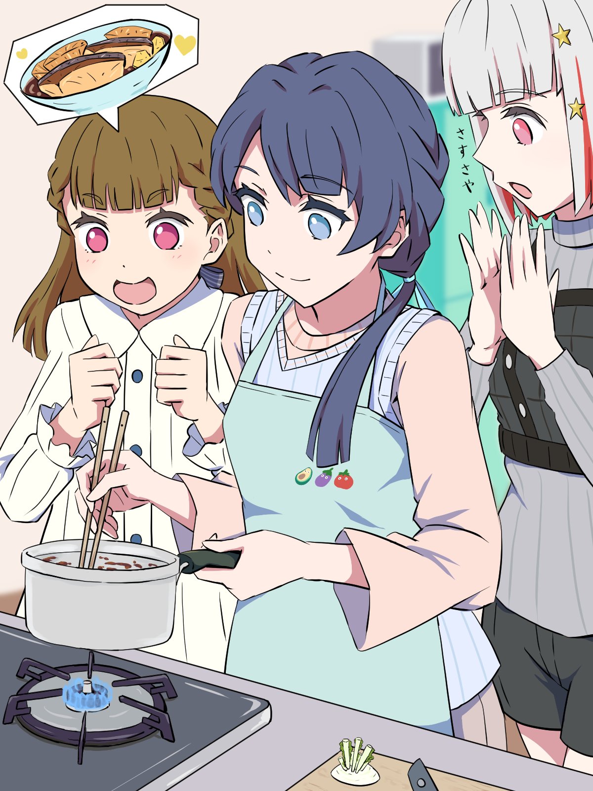 3girls, :d, :o, aqua_apron, black_bow, black_shorts, blue_eyes, blue_hair
