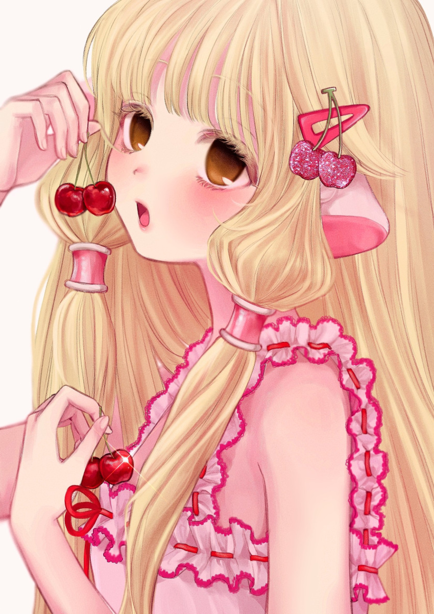 1girl, blonde_hair, blunt_bangs, brown_eyes, camisole, cherry, chii, chobits, colored_eyelashes, derivative_work, eyelashes, food, food-themed_hair_ornament, fruit, hair_ornament, hairclip, hands_up, highres, holding, holding_food, holding_fruit, humanoid_robot, long_hair, looking_at_viewer, low_twintails, mipi_(u3u_00), no_pupils, open_clothes, open_mouth, persocom, red_ribbon, ribbon, ribbon-trimmed_camisole, robot, robot_ears, simple_background, solo, straight_hair, twintails, upper_body, white_background, white_camisole