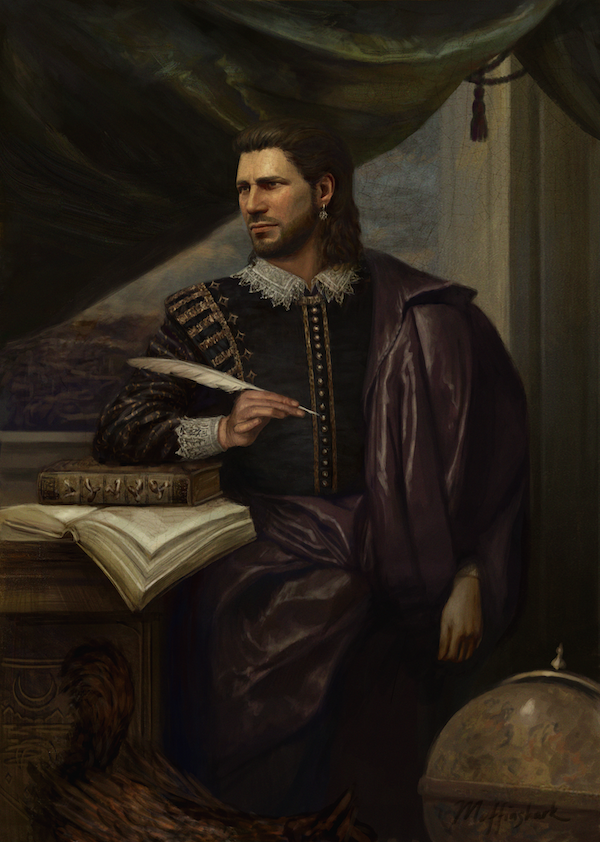1boy, arm_up, baldur's_gate, baldur's_gate_3, beard, book, brown_cat, brown_eyes, brown_hair, cat, closed_mouth, commentary, desk, dungeons_&amp;_dragons, earrings, english_commentary, facial_hair, gale_(baldur's_gate), globe, holding, holding_quill, jewelry, lace-trimmed_wrist_cuffs, lace_collar, lace_trim, looking_ahead, male_focus, medium_hair, muffinshark, open_book, piercing, purple_robe, quill, realistic, robe, shiny_clothes, silk, sitting, solo, tara_(baldur's_gate), wrist_cuffs