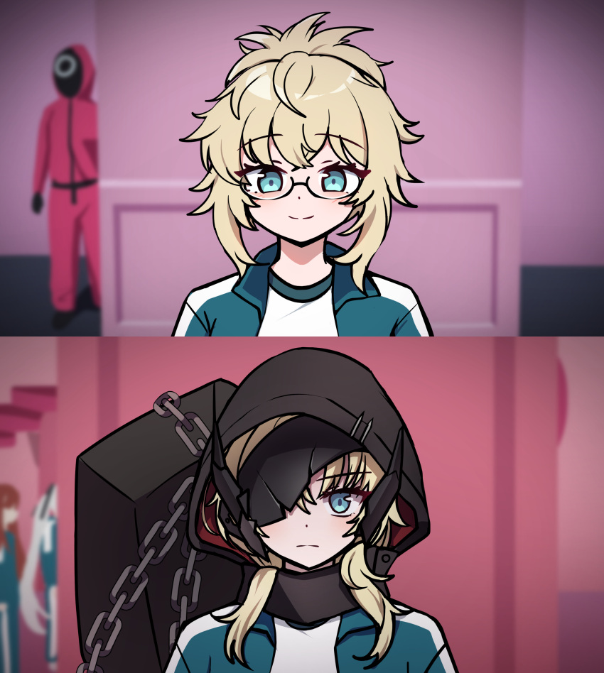 3girls, abe_(nikke), absurdres, before_and_after, blonde_hair, blue_eyes, chain, cinderella_(nikke), coffin, commentary, frown, glass, goddess_of_victory:_nikke, grave_(nikke), green_track_suit, hair_up, highres, hood, jacket, looking_at_viewer, meme, multiple_girls, parody, rapi_(nikke), shirt, sidelocks, smile, squid_game, track_jacket, track_suit, upper_body, worker_(squid_game), year_1_&amp;_year_2_(squid_game)_(meme), yukki_bunny