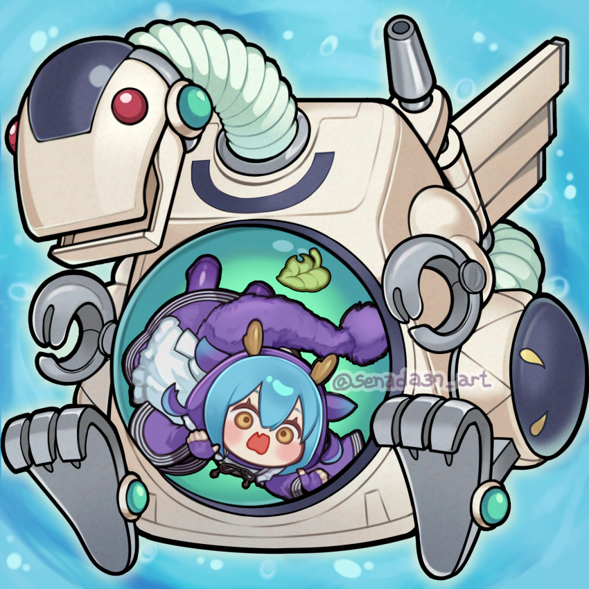 1girl, 1other, appliancer_laundry_dragon, blue_background, blue_hair, chibi, dragon_girl, dragon_horns, dragon_tail, duel_monster, full_body, highres, horns, japanese_clothes, kimono, laundry_dragonmaid, leaf, maid, non-humanoid_robot, purple_kimono, robot, robot_dragon, senada37, tail, trapped, wa_maid, yu-gi-oh!