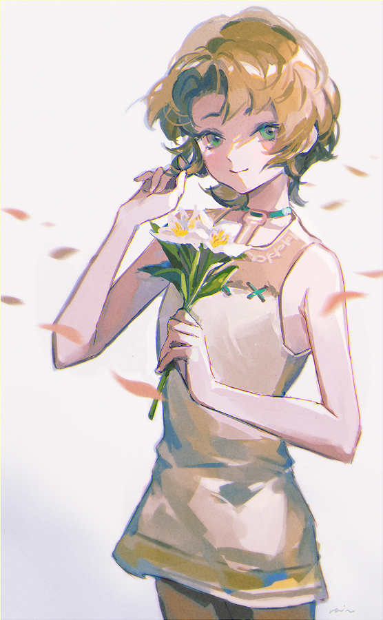 1girl, bare_arms, bare_shoulders, brown_hair, brown_shirt, closed_mouth, cowboy_shot, falling_petals
