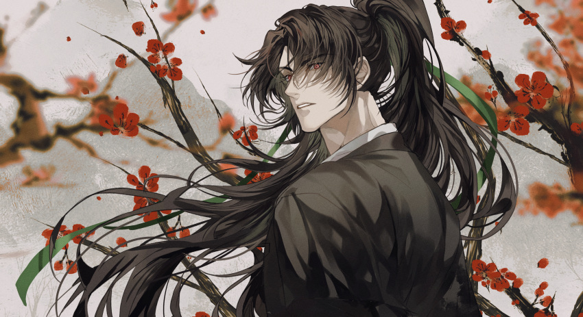 1boy, black_hair, blurry, chinese_clothes, chungmyung, depth_of_field, flower, green_ribbon