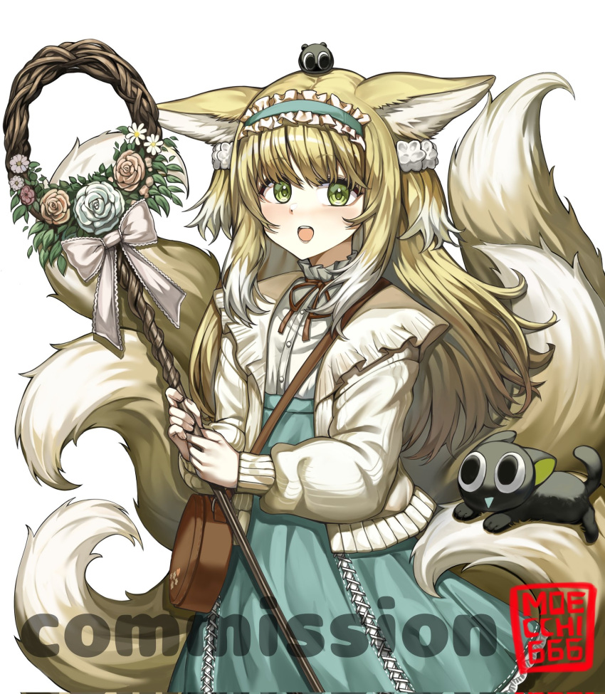1girl, arknights, bag, blonde_hair, blue_dress, cat, commission, cowboy_shot